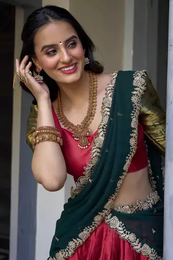 red zari weaving silk festival half saree lehenga