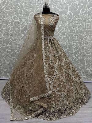 golden thread work net lehenga set choli with dupatta 1
