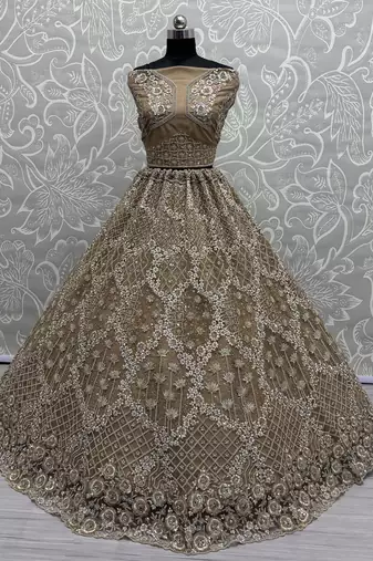 golden thread work net lehenga set choli with dupatta