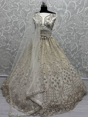 off white zircon work net lehenga set choli with dupatta with dupatta 1