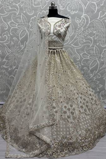 Off-White Zircon Work Net Designer Lehenga Choli With Dupatta
