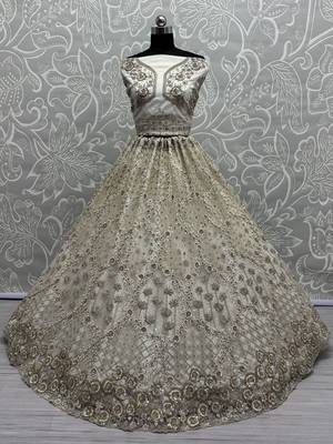 off white zircon work net lehenga set choli with dupatta with dupatta 2