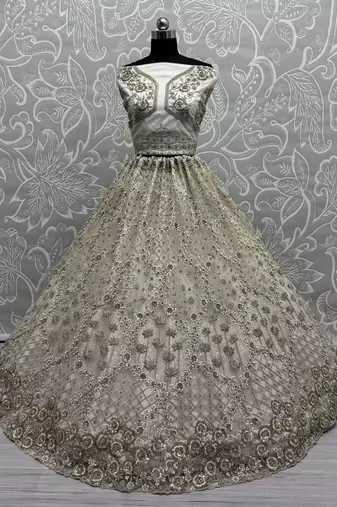 off white zircon work net lehenga set choli with dupatta with dupatta