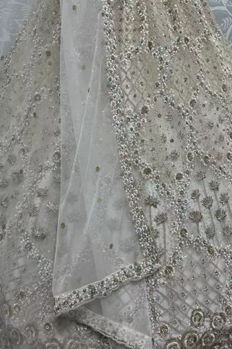 off white zircon work net lehenga set choli with dupatta with dupatta