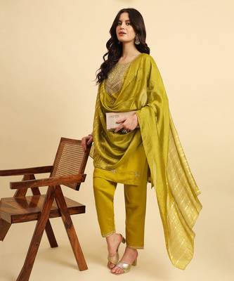 Olive Green silk blend embroidered kurta with pant and dupatta 1