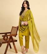Olive Green silk blend embroidered kurta with pant and dupatta