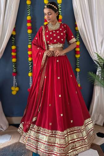 Red Sequins Georgette Bridal Lehenga Choli With Dupatta