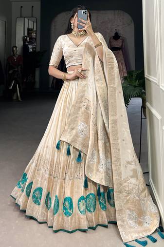 Off-White Weaving Silk Festival Wear Lehenga Choli