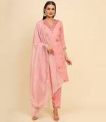 Light-pink cotton embroidered kurta with pant and dupatta