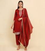 Red silk blend embroidered kurta with pant and dupatta