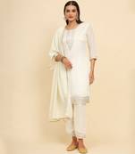 Off white silk blend embroidered kurta with pant and dupatta