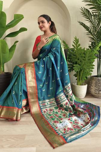 Sky blue art Silk Blend saree with zari embroidery pichwai pallu & blouse