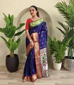 Navy blue art Silk Blend saree with zari embroidery pichwai pallu & blouse