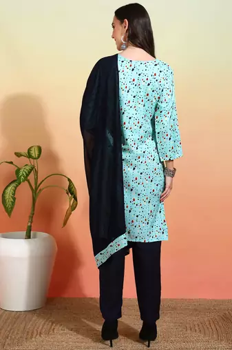 Elegant sky blue crepe fabric printed festive salwar kameez