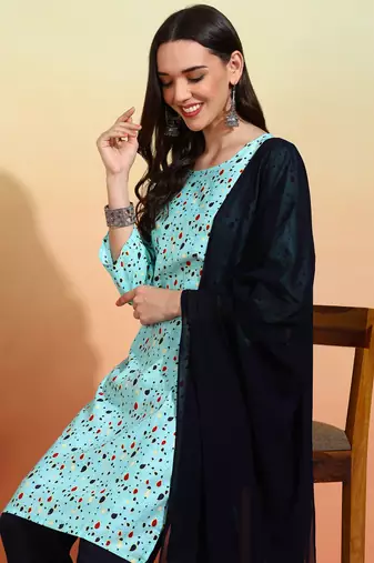 Elegant sky blue crepe fabric printed festive salwar kameez