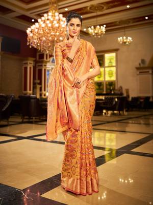 Yellow Organza Silk Blend Zari Border Festive Wear Saree With Blouse Piece 1