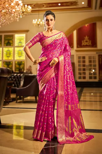 Rani Organza Silk Blend Zari Border Festive Wear Saree With Blouse Piece