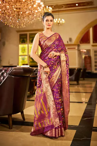 Purple Organza Silk Blend Zari Border Festive Wear Saree With Blouse Piece
