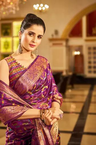 Purple Organza Silk Blend Zari Border Festive Wear Saree With Blouse Piece