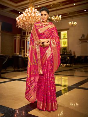 Pink Organza Silk Blend Zari Border Festive Wear Saree With Blouse Piece 1