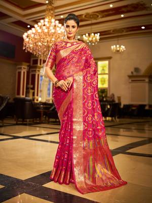 Pink Organza Silk Blend Zari Border Festive Wear Saree With Blouse Piece 2