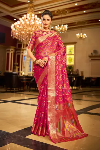 Pink Organza Silk Blend Zari Border Festive Wear Saree With Blouse Piece