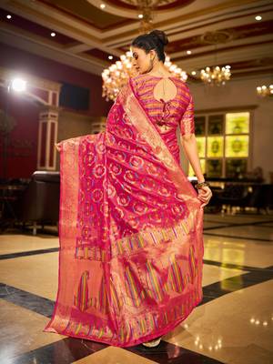 Pink Organza Silk Blend Zari Border Festive Wear Saree With Blouse Piece 3