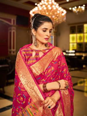 Pink Organza Silk Blend Zari Border Festive Wear Saree With Blouse Piece 4