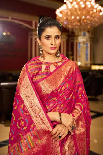 Pink Organza Silk Blend Zari Border Festive Wear Saree With Blouse Piece