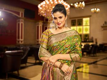 Mahendi Green Organza Silk Blend Zari Border Festive Wear Saree With Blouse Piece 2
