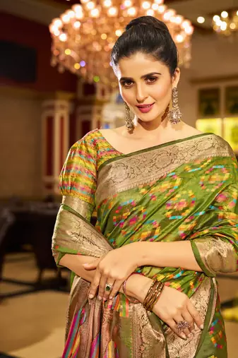 Mahendi Green Organza Silk Blend Zari Border Festive Wear Saree With Blouse Piece
