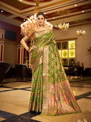 Mahendi Green Organza Silk Blend Zari Border Festive Wear Saree With Blouse Piece 1