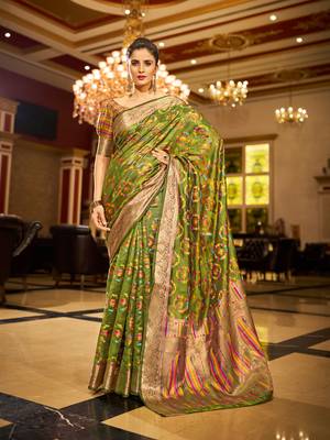 Mahendi Green Organza Silk Blend Zari Border Festive Wear Saree With Blouse Piece 3