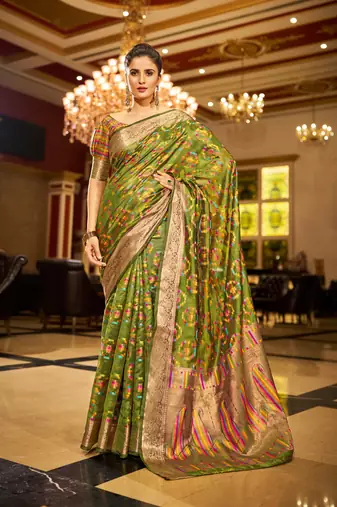 Mahendi Green Organza Silk Blend Zari Border Festive Wear Saree With Blouse Piece