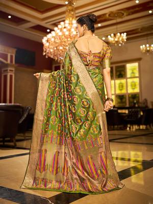 Mahendi Green Organza Silk Blend Zari Border Festive Wear Saree With Blouse Piece 4