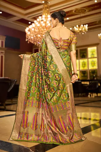 Mahendi Green Organza Silk Blend Zari Border Festive Wear Saree With Blouse Piece