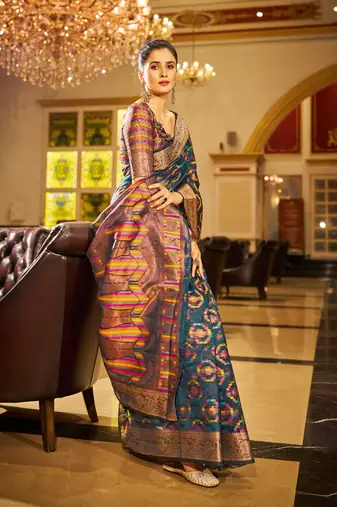 Grey Organza Silk Blend Zari Border Festive Wear Saree With Blouse Piece