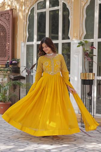 Yellow  Designer Readymade Long Kurti & Duppta With Embroidery Zari Sequins Work