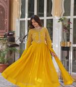 Yellow  Designer Readymade Long Kurti & Duppta With Embroidery Zari Sequins Work
