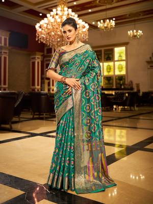 Firozi Organza Silk Blend Zari Border Festive Wear Saree With Blouse Piece 1