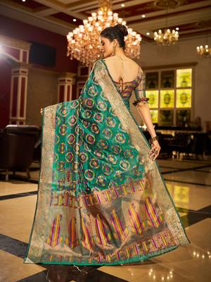 Firozi Organza Silk Blend Zari Border Festive Wear Saree With Blouse Piece 2