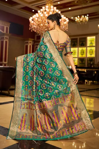 Firozi Organza Silk Blend Zari Border Festive Wear Saree With Blouse Piece