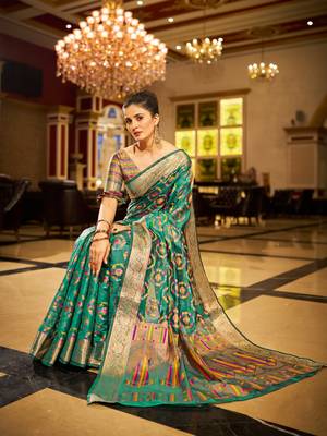 Firozi Organza Silk Blend Zari Border Festive Wear Saree With Blouse Piece 3