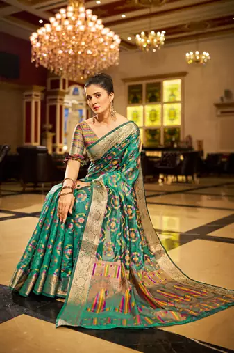 Firozi Organza Silk Blend Zari Border Festive Wear Saree With Blouse Piece