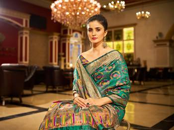 Firozi Organza Silk Blend Zari Border Festive Wear Saree With Blouse Piece 4