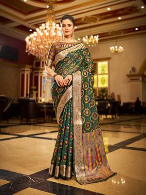 Green Organza Silk Blend Zari Border Festive Wear Saree With Blouse Piece 1