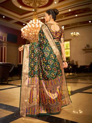 Green Organza Silk Blend Zari Border Festive Wear Saree With Blouse Piece 3