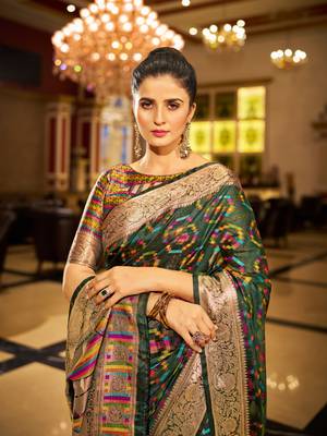 Green Organza Silk Blend Zari Border Festive Wear Saree With Blouse Piece 4