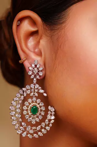 Green diamond white finish earrings