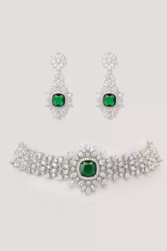 Green diamond white finish necklace set
